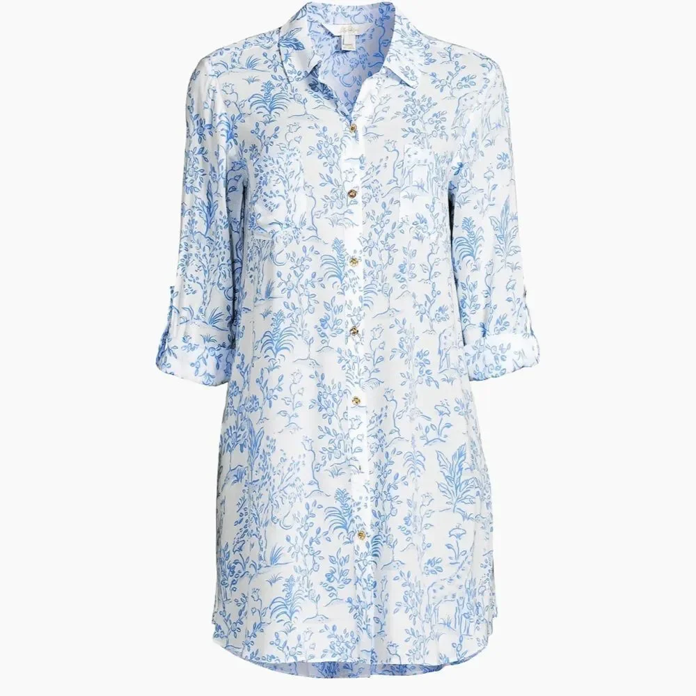 Lilly Pulitzer Natalie Resort White Blue Button Front Tab Sleeve Cover Up
